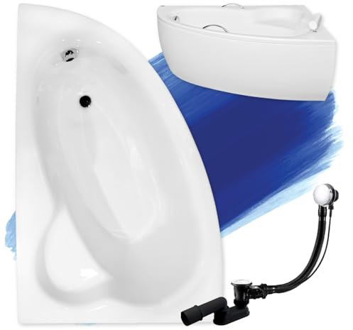 Baignoire d'angle NATALIA d'origine blanche en acrylique 150 x 100 cm, kit complet avec tablier en acrylique blanc, pieds et bonde automatique exclusive chromée, fabriqué en UE, 4 en 1