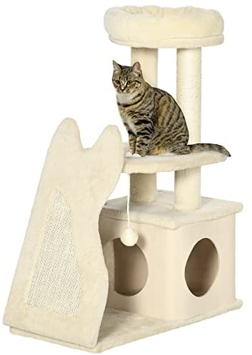 PawHut Árbol Rascador para Gatos Pequeños Altura 83 cm Torre para Gatos con Cama Cueva Plataforma Bola Colgante Postes y Rampa de Sisal 60x30x83 cm Beige