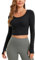 CRZ YOGA Women's Butterluxe Long Sleeve Sports Shirts Slim Fit Crop Top Crew Neck Cropped Gym Tops with Thumb Hole Black 12