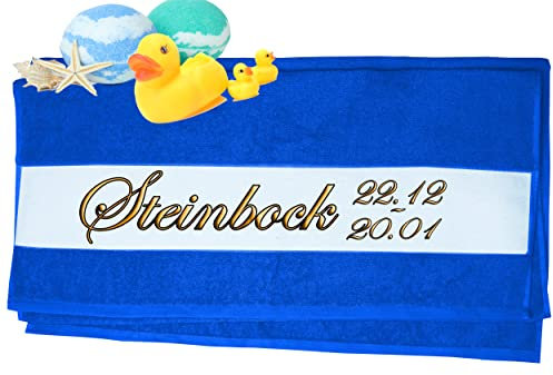 Handtuch mit Sternzeichen personalisiert bedruckt| Duschtuch, Badetuch, Saunatuch, Sporthandtuch| Frottiertücher |Geburtstag persönliches Geschenk Idee | Größe:70x140cm (Steinbock, Dunkelblau)