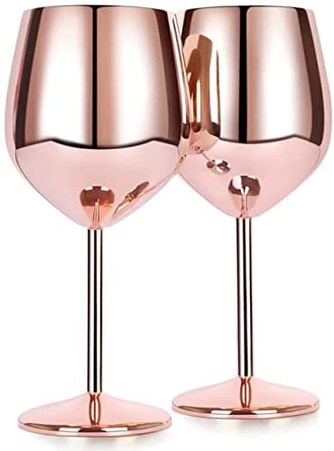 JTWEB Stainless Steel Wine Glasses Set of 2, 18oz Rose Gold Shatterproof Glasses Wine Goblets Unbreakable Cocktail Gin Glasses for Party Office Wedding Anniversary(Rose Gold)