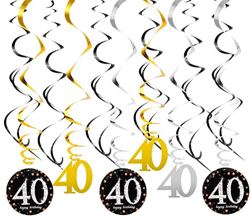 Remolinos de Decoraciones de Fiesta 40 Cumpleaños, Remolinos Colgantes de Papel Aluminio de Techo Espirale, Plata Dorado Negro Mujer Hombre Suministros de 40 Años Cumpleaños, 18 Piezas (40)