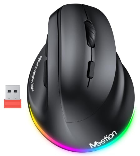 MEETION Ratón ergonómico, mouse vertical inalámbrico con retroiluminación RGB, ratones recargables para Bluetooth (5.2 + 3.0) y USB-A con adaptador USB-C, 4 DPI ajustables para