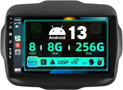 SXAUTO ¦ 8G+256G ¦ Android 13 IPS Autoradio für Jeep Renegade (2015-2018) - Eingebaut Carplay/Android Auto/DSP - LED Kamera + MIC - DAB Lenkradsteuerung Fast-Boot 360-CAM WiFi - 2 Din 9 Zoll