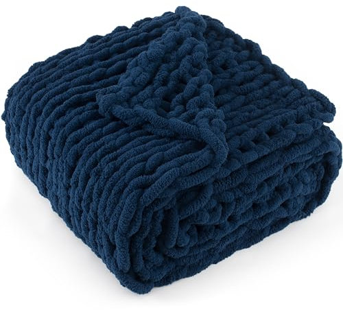 LONG CREATE Chunky Knit Throw Blanket 50X 60, 100% Handmade with Soft Chenille Yarn, 4.4lbs Thick Cable Knitted Blankets, Large Rope Knot Crochet Throws for Couch Sofa Bed Home Decor, Navy Blue