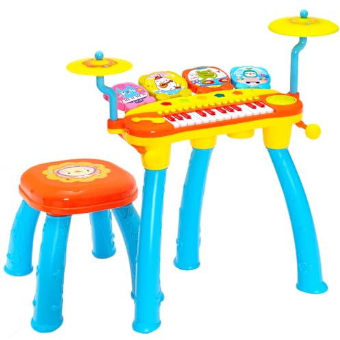 GYMAX Kids Piano and Drum Set, Children Electronic Keyboard Drum Kit with Microphone, MP3 Interface, LED Lights, Stool & Drum Sticks, Musical Instrument for Boys Girls (Blue)
