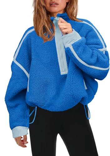 Panadila Damen-Pullover mit halbem Reißverschluss, Sherpa-Fleece, weich, übergroß, Sweatshirt mit Taschen, warm, flauschiger Pullover, Helles Blau, M