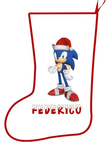 Calza della befana con stampa personaggio a scelta personalizzabile con testo o nomi idea regalo da appendere al camino, all'albero di natale (Sonic)
