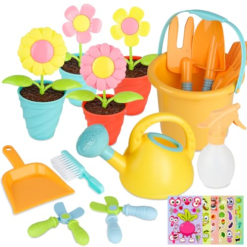 YAOZUP 24 Pièces Jouet de Jardin Enfants avec Autocollants, Jouets de Jardinage pour Enfants, Jouets de Sable pour Filles, Arrosoir pour Enfants Pelle Râteau, Jeux Exterieur Enfant à Partir de 2 Ans