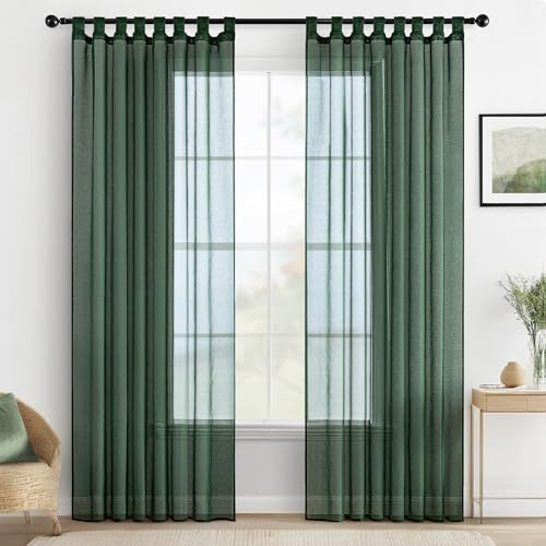 MIULEE Gardinen Schlaufenschal 2er Set Vorhänge Transparente Schlaufen Gardine aus Voile Vorhang Transparent Wohnzimmer Luftig Dekoschal für Schlafzimmer 225 x 140 cm (H x B), Tab Top Dunkelgrün