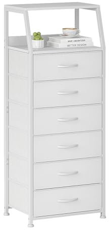 CAIYUN Chest of Drawers Bedroom with 6 Drawers, Tall Fabric Dresser with Shelf, Fabric Dresser for Entryway Hallway Living Room, Closet Storage Drawer, White
