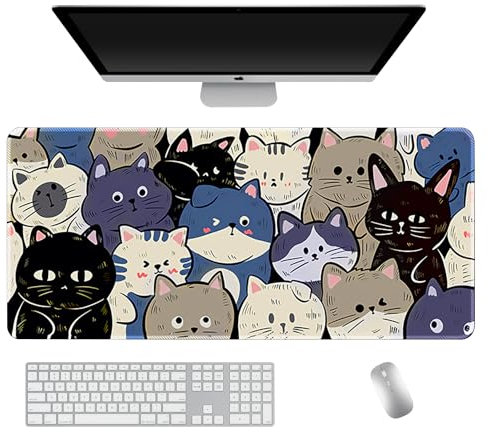 COOMICKEY Kawaii-Katzen-Gaming-Mauspad, XXL, niedlich, japanische erweiterte große Schreibtischmatte, rutschfeste Gummiunterseite, genähte Kanten, lange Tastatur-Mauspad für PC, Computer, Laptop, 80 x
