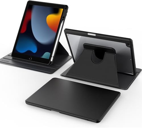 CACOE Case for iPad 9th/8th/7th Generation with Pencil Holder 2021/2020/2019 10.2 inch, 360 Rotating Stand Shockproof Cover for iPad 9/8/7 Gen, Black