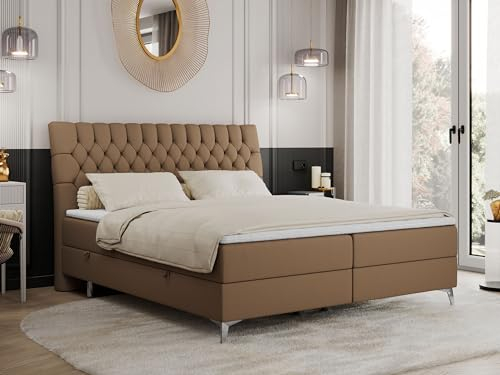 MKS MEBLE Boxspringbett 160x200 mit 2 Bettkästen Matratze und Topper, Polsterbett 160x200, Bett 160x200 - Milen - 160x200cm - H3 Braun Kunstleder
