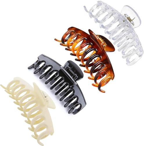 4pcs cheveux épais antidérapants pince à griffes, pince à griffes multicolore, Grande pince à cheveux, Grande pince à cheveux pour les femmes (Noir Blanc transparent Ambre)