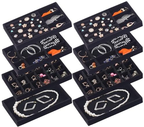 Afnkiom Schmuck-Organizer-Tablett, stapelbare Samt-Schmucktabletts, Set mit 8 Schubladeneinsätzen, Ohrring-Organizer für Damen und Mädchen, Schmuckaufbewahrung, Vitrine für Ringe, Ohrstecker,