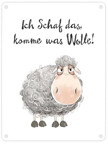 Schaf Metallschild in 15x20 cm mit Spruch Ich Schaf das komme was Wolle Witz flauschig Motivation Freundschaft Kraft Cartoon Wortwitz