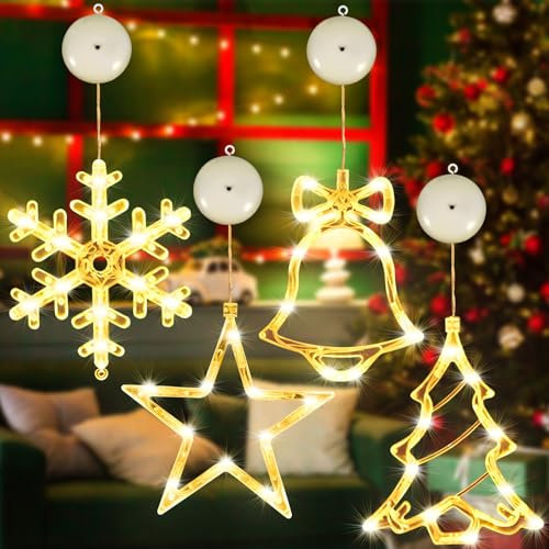 ZQEJEFD 4 Piezas Lámpara de Ventosa de Navidad, Luz LED para Ventana Con Ventosa, Blanco Cálido, Decoración Interior Exterior para Fiesta