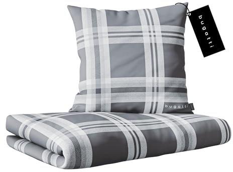 bugatti Bettwäsche 155 x 220 cm - 100% Baumwolle, Reißverschluss, anschmiegsam, weich & waschbar, Mako Satinbettwäsche kariert grau