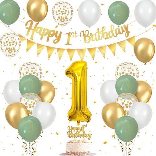 Geburtstagsdeko 1 Jahr Salbeigrün - Luftballons Grün Gold Weiß, Happy Birthday Girlande, Tortendeko, Wimpelkette für Kindergeburtstag - Wild One Deko