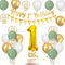 Geburtstagsdeko 1 Jahr Salbeigrün - Luftballons Grün Gold Weiß, Happy Birthday Girlande, Tortendeko, Wimpelkette für Kindergeburtstag - Wild One Deko