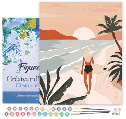 Figured'Art Peinture par Numéro Adulte avec Cadre Promenade sur la plage au coucher du soleil - Activité Manuelle Kit de Loisir Créatif DIY Numéro d'Art Complet - 40x50cm toile tendue sur châssis