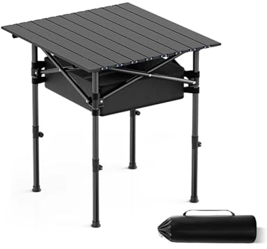 Campingtisch Klappbar Leicht aus Kohlenstoffstahl Höhenverstellbar, Netztasche mit Stauraum, für Innen, Außen(Black,53 * 50cm)