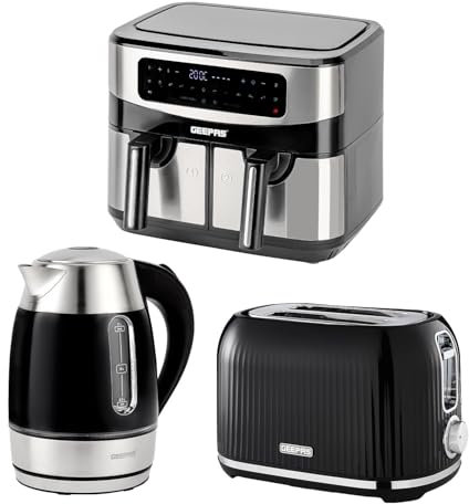 Geepas 1.7L Illuminating Electric Kettle 2 Slice Bread Toaster & 9L Dual Zone Air Fryer Kitchen Combo Set | 2200W Rapid Boil Cordless Jug Kettle | 1000W Toaster | Oil Free XL Dual Basket Air Fryer