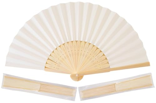 50pcs Cream-Coloured Paper Hand Fan Bamboo Folding fan Handheld Paper Fan | Paper Folded Fan for Wedding Party and Home Decoration