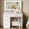 Dressing Table with Mirror and Stool: Vanity Desk with Mirror and Drawers - Makeup Desk with 4 Drawers, Wooden White Bedroom Dressing Table with LED Lights, Brightness Adjustable, 3 Open Storage Areas