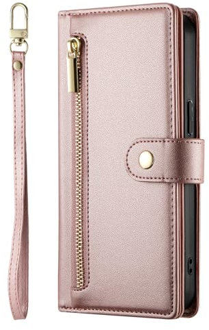 Ucikov Custodia di protezione per Apple iPhone 13 Pro Max,Custodia in pelle Flip AVCE 9 carte Slot Moneta Tasca Cerniera Custodia per Apple iPhone 13 Pro Max,Rosa