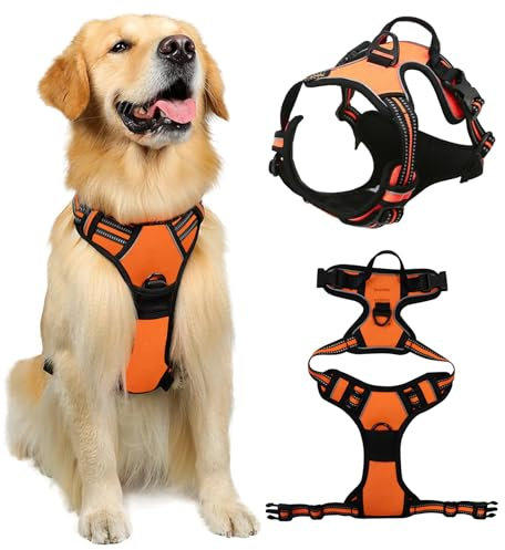 HTTDSLF Hundegeschirr Grosse Hunde, Anti Zug Hundegeschirr, Geschirr Hund Groß mit Reflexstreifen und Kontrolle, Verstellbar und Einstellbar, Brustgeschirr Hund für mittelgroße Hunde, Orange, L