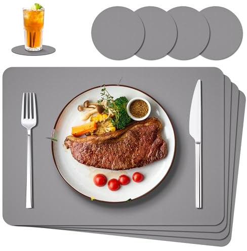 IKWOLETI Tischsets Abwaschbar mit Untersetzer - 4er Set Platzsets Abwaschbar aus Kunstleder - Doppelseitige Platzdeckchen in Lederoptik - Ideal für Küche und Büro Hellgrau