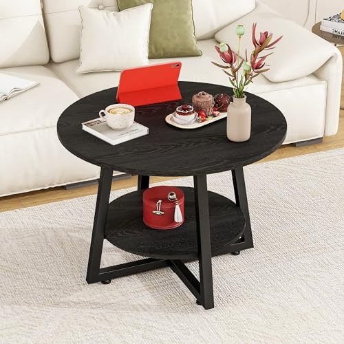 FOUBAM Round Coffee Table with Storage,Metal Small Coffee Table,Black | 2-Tier Circle Small Coffee Table for Living Room, Metal Frame/Wood Look,Modern Sofa Table Center for Home Office