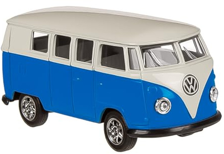 Murago Volkswagen T1 Bus Modellauto Metall 1:60 VW Welly - Blau - Transporter Miniatur Maßstab Kunststoff Sammler Retro Auto Geschenk Spielzeugfahrzeug - inkl Sticker