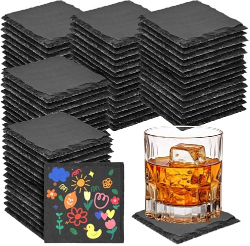 ohbien 84 Stück Schiefer Untersetzer 10x10 cm Schwarze Steinuntersetzer Set | für Gläser, Schieferstein Getränkeuntersetzer für Kaffee, Bar, Küche, Heimdekoration