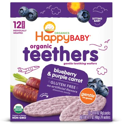 Happy Baby Gentle Teethers Organic Teething Wafers Blueberry Purple Carrot, 0.14 Ounce Packets (Box of 12) Soothing Rice Cookies for Teething Babies Dissolves Easily, Gluten Free No Artificial Flavor