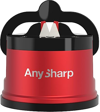 AnySharp Pro Metal Knife Sharpener, Hands-Free Safety, PowerGrip Suction, Sharpens All Kitchen Knives, Ideal for Hardened Steel & Serrated, World's Best, Compact, One Size, Deep Red, Metal