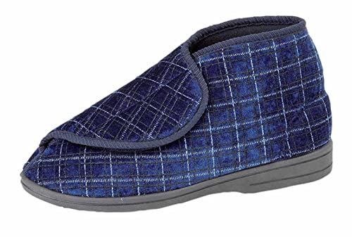 Zedzzz Bertie Check Velour Touch Fastening Bootee Slippers Navy Blue 8 UK
