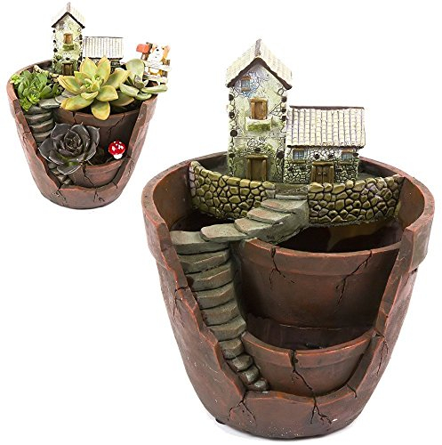 Xueliee Creative Succulent Plants Pot Creative Resin Plants Pot Fairy Garden Plante Pot Succulent Flower DIY Container with Mini Fairy Garden and Sweet House DIY Basket Planter Pot Garden Decoration