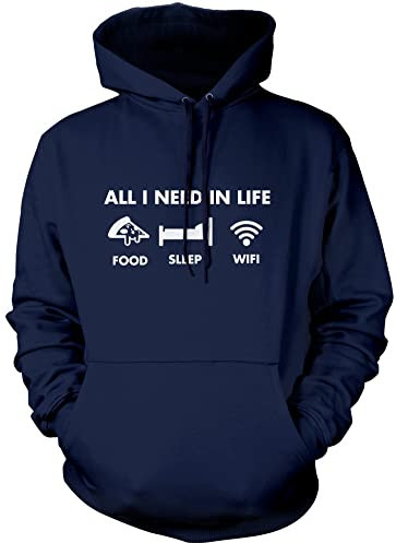 HotScamp All I Need In Life Food Sleep WIFI Unisex Adults and Kids Hoodie - Funny Millenial Teenager Gamer Lazy Navy Large