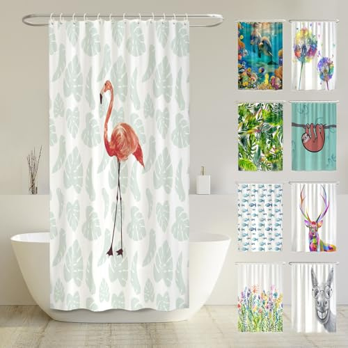 arteneur Anti-Schimmel Duschvorhang 120x200 cm Flamingo | Textil recycelt, OEKO-TEX 100, 40°C Maschinenwäsche, blickdicht, wasserdicht, beschwerter Saum, mit 8 recycelten Ringen