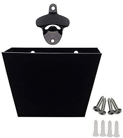 Wall Mount Bottle Opener & Cap Catcher Set, DesignerBox Heavy Duty Zinc Alloy Bottle Opener with Stainless Steel Cap Catcher Bin Holds Upto 75 Caps - Includes 4 Screws and 4 Wall Plugs (Black)