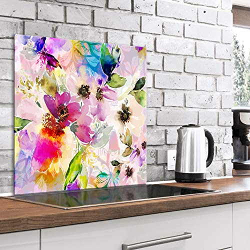 murando Spritzschutz Glas für Küche 60x60 cm Küchenrückwand Küchenspritzschutz Fliesenschutz Glasbild Dekoglas Küchenspiegel Glasrückwand Blumen bunt - b-A-0559-aq-a