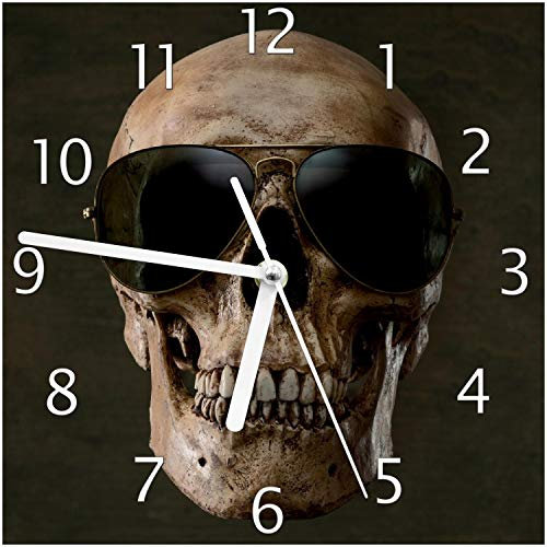 Wallario Design-Wanduhr Totenschädel mit Cooler Sonnenbrille aus Glas, Motiv-Uhr Größe 20 x 20 cm, weiße Zeiger