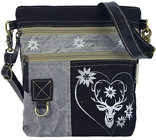 Domelo Trachtentasche. Kleine Umhängetasche. Oktoberfest Damen Crossbody Bag mit Hirsch Aufdruck. Canvas Tasche als Geschenk für Trachtenmode Liebhaber (schwarz grau)