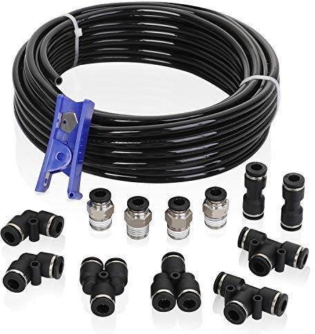 Hromee Air Line Tubing Kit, 1/4 Inch (6.35MM) OD x 32.8 Feet Polyurethane PU Tube and Push to Connect Fittings, 14 PCS Compressed Pipe and Accessories Kit