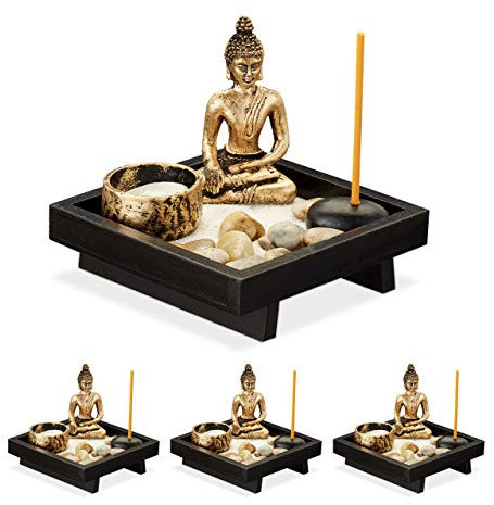 Relaxdays 4 x Zen Garten, mit Buddha, Steinen, Sand, Räucherstäbchen & Teelichthalter, Entspannung, Feng Shui Deko, schwarz