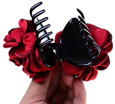 Inzopo Pince à cheveux en forme de fleur - Grand nœud en soie - Pinces à cheveux pour femme - Accessoires de beauté - Bordeaux, 1 count (Pack of 1), [« Plastique », « Tissu »]