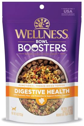 Wellness Bowl Boosters Digestive Health Dog Food Topper with Freeze Dried Pieces for Small, Medium, and Large Breeds, Sensitive Stomach, Grain Free, Natural, Chicken Recipe, 4 oz Bag